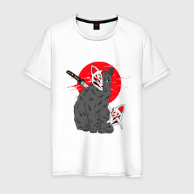 Мужская футболка хлопок с принтом Кот в маске кицунэ в Курске, 100% хлопок | прямой крой, круглый вырез горловины, длина до линии бедер, слегка спущенное плечо. | cat | cats | japan | japanese art | kitsune | kitten | mask | азиатский | азия | боевые искусства | в маске | катана | китай | китайский | кицунэ | кот | котик | коты | кошка | кошки | маска | меч | японское искусство