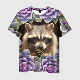 Мужская футболка 3D с принтом Енот среди цветов в Курске, 100% полиэфир | прямой крой, круглый вырез горловины, длина до линии бедер | енот | животное | зверь | полоскун | цветок | цветы