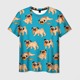 Мужская футболка 3D с принтом Мопсы с пиццей , 100% полиэфир | прямой крой, круглый вырез горловины, длина до линии бедер | колбаса | мопс | пицца | порода | собака | собаки | собачка | собачки | щенки