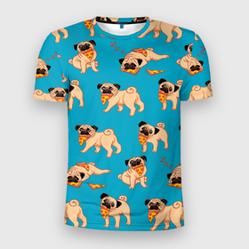 Мужская футболка 3D спортивная с принтом Мопсы с пиццей в Тюмени, 100% полиэстер с улучшенными характеристиками | приталенный силуэт, круглая горловина, широкие плечи, сужается к линии бедра | колбаса | мопс | пицца | порода | собака | собаки | собачка | собачки | щенки
