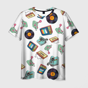 Мужская футболка 3D с принтом Стиль 80х в Новосибирске, 100% полиэфир | прямой крой, круглый вырез горловины, длина до линии бедер | 80 | 90 | девяностные | джостик | диск | диски | касета | музыка | палоройд | пластинка | пластинки | тв | телик | фотик