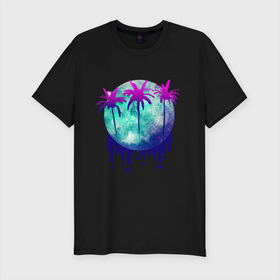 Мужская футболка хлопок Slim с принтом Неоновые острова в Белгороде, 92% хлопок, 8% лайкра | приталенный силуэт, круглый вырез ворота, длина до линии бедра, короткий рукав | акварель | неон | неоновые пальмы | неоновый принт | пальмы | фиолетовый | футуризм
