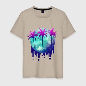 Мужская футболка хлопок с принтом Неоновые острова в Санкт-Петербурге, 100% хлопок | прямой крой, круглый вырез горловины, длина до линии бедер, слегка спущенное плечо. | акварель | неон | неоновые пальмы | неоновый принт | пальмы | фиолетовый | футуризм