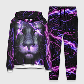 Мужской костюм 3D (с толстовкой) с принтом НЕОНОВЫЙ ЛЕВ  NEON LION ,  |  | lion | neon | голова | гроза | дикая кошка | животные | кот | кошка | лев | молния | неон | тигр | хищник