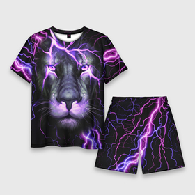 Мужской костюм с шортами 3D с принтом НЕОНОВЫЙ ЛЕВ  NEON LION ,  |  | lion | neon | голова | гроза | дикая кошка | животные | кот | кошка | лев | молния | неон | тигр | хищник