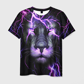 Мужская футболка 3D с принтом НЕОНОВЫЙ ЛЕВ  NEON LION в Екатеринбурге, 100% полиэфир | прямой крой, круглый вырез горловины, длина до линии бедер | Тематика изображения на принте: lion | neon | голова | гроза | дикая кошка | животные | кот | кошка | лев | молния | неон | тигр | хищник