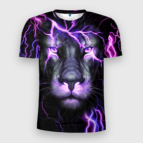 Мужская футболка 3D спортивная с принтом НЕОНОВЫЙ ЛЕВ  NEON LION , 100% полиэстер с улучшенными характеристиками | приталенный силуэт, круглая горловина, широкие плечи, сужается к линии бедра | Тематика изображения на принте: lion | neon | голова | гроза | дикая кошка | животные | кот | кошка | лев | молния | неон | тигр | хищник