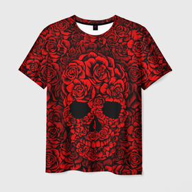 Мужская футболка 3D с принтом ЦВЕТОЧНЫЙ ЧЕРЕП в Белгороде, 100% полиэфир | прямой крой, круглый вырез горловины, длина до линии бедер | Тематика изображения на принте: death | flowers | horror | metal | red | rose | roses | skull | арт | зомби | кости | красный | розы | скелет | цветы | череп | черный