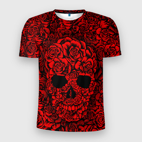 Мужская футболка 3D спортивная с принтом ЦВЕТОЧНЫЙ ЧЕРЕП в Новосибирске, 100% полиэстер с улучшенными характеристиками | приталенный силуэт, круглая горловина, широкие плечи, сужается к линии бедра | death | flowers | horror | metal | red | rose | roses | skull | арт | зомби | кости | красный | розы | скелет | цветы | череп | черный
