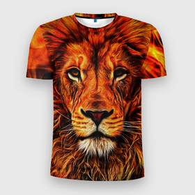 Мужская футболка 3D Slim с принтом Огненные лев в Тюмени, 100% полиэстер с улучшенными характеристиками | приталенный силуэт, круглая горловина, широкие плечи, сужается к линии бедра | animal | lion | животные | лев | хищник