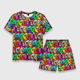 Мужской костюм с шортами 3D с принтом GEOMETRY DASH в Тюмени,  |  | 2d игра | geometry dash | mobile game | robtop | smile | геометри даш | кубики | кубы | лица. | мобильная игра | неон | смайлы