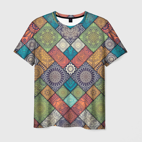 Мужская футболка 3D с принтом ЛОСКУТНАЯ ВЫШИВКА в Петрозаводске, 100% полиэфир | прямой крой, круглый вырез горловины, длина до линии бедер | color | flowers | pattern | texture | восточный | летний | лоскуты | мозаика | разноцветные | текстуры | узор | цветы | яркий