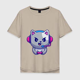 Мужская футболка хлопок Oversize с принтом Кошка Геймер , 100% хлопок | свободный крой, круглый ворот, “спинка” длиннее передней части | кот | микрофон | наушники | ушки