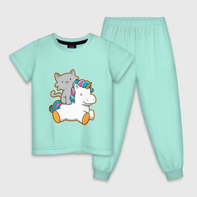 Детская пижама хлопок с принтом Котёнок верхом на единороге , 100% хлопок |  брюки и футболка прямого кроя, без карманов, на брюках мягкая резинка на поясе и по низу штанин
 | cat | cats | japan | japanese | kawaii | kitten | puss | pussy | pussycat | rainbow | unicorn | единорог | единорожка | киски | кисы | котёнок | котики | котята | котятки | кошечки | кошка | милота | милый единорог | пусси | радуга | рыцарь к