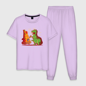 Мужская пижама хлопок с принтом Пицца против Годзиллы в Кировске, 100% хлопок | брюки и футболка прямого кроя, без карманов, на брюках мягкая резинка на поясе и по низу штанин
 | арт | годзилла | графика | динозавр | пицца