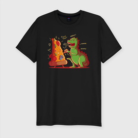 Мужская футболка хлопок Slim с принтом Пицца против Годзиллы в Тюмени, 92% хлопок, 8% лайкра | приталенный силуэт, круглый вырез ворота, длина до линии бедра, короткий рукав | арт | годзилла | графика | динозавр | пицца