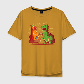 Мужская футболка хлопок Oversize с принтом Пицца против Годзиллы в Екатеринбурге, 100% хлопок | свободный крой, круглый ворот, “спинка” длиннее передней части | арт | годзилла | графика | динозавр | пицца