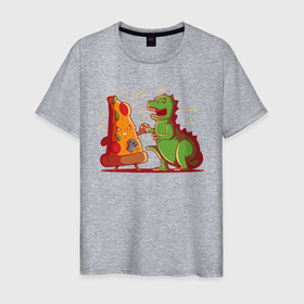 Мужская футболка хлопок с принтом Пицца против Годзиллы в Тюмени, 100% хлопок | прямой крой, круглый вырез горловины, длина до линии бедер, слегка спущенное плечо. | арт | годзилла | графика | динозавр | пицца