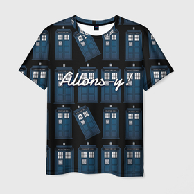 Мужская футболка 3D с принтом Allons y в Петрозаводске, 100% полиэфир | прямой крой, круглый вырез горловины, длина до линии бедер | allons y | аллонси | машина времени | синяя будка | тардис