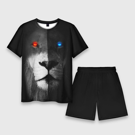 Мужской костюм с шортами 3D с принтом ЛЕВ   НЕОНОВЫЕ ГЛАЗА в Курске,  |  | lion | neon | глаза | голова | дикая кошка | животные | кот | кошка | лев | неон | светящиеся глаза | тигр | хищник