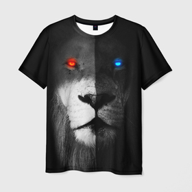 Мужская футболка 3D с принтом ЛЕВ - НЕОНОВЫЕ ГЛАЗА в Санкт-Петербурге, 100% полиэфир | прямой крой, круглый вырез горловины, длина до линии бедер | lion | neon | глаза | голова | дикая кошка | животные | кот | кошка | лев | неон | светящиеся глаза | тигр | хищник