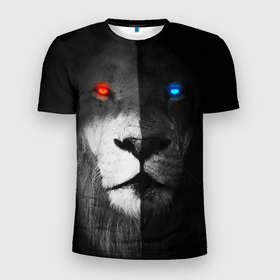 Мужская футболка 3D спортивная с принтом ЛЕВ - НЕОНОВЫЕ ГЛАЗА в Курске, 100% полиэстер с улучшенными характеристиками | приталенный силуэт, круглая горловина, широкие плечи, сужается к линии бедра | lion | neon | глаза | голова | дикая кошка | животные | кот | кошка | лев | неон | светящиеся глаза | тигр | хищник