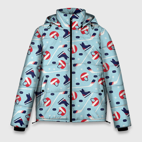 Мужская зимняя куртка 3D с принтом Hockey Pattern в Петрозаводске, верх — 100% полиэстер; подкладка — 100% полиэстер; утеплитель — 100% полиэстер | длина ниже бедра, свободный силуэт Оверсайз. Есть воротник-стойка, отстегивающийся капюшон и ветрозащитная планка. 

Боковые карманы с листочкой на кнопках и внутренний карман на молнии. | Тематика изображения на принте: hockey | hockey pattern | nhl | pattern | клюшка | лед | нхл | хоккеист | хоккеисты | хоккей