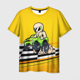Мужская футболка 3D с принтом Мультяшный гонщик на джипе в Екатеринбурге, 100% полиэфир | прямой крой, круглый вырез горловины, длина до линии бедер | Тематика изображения на принте: race | racer | водитель | водителю | гонка | гонщик | джип | мультик | мультяшный