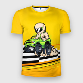 Мужская футболка 3D спортивная с принтом Мультяшный гонщик на джипе в Санкт-Петербурге, 100% полиэстер с улучшенными характеристиками | приталенный силуэт, круглая горловина, широкие плечи, сужается к линии бедра | race | racer | водитель | водителю | гонка | гонщик | джип | мультик | мультяшный