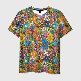 Мужская футболка 3D с принтом Букет в Санкт-Петербурге, 100% полиэфир | прямой крой, круглый вырез горловины, длина до линии бедер | нарисованные цветы | орнамент | принт | разные цветы | цветы