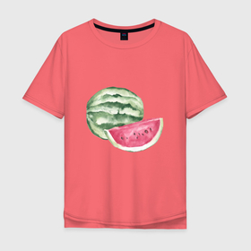 Мужская футболка хлопок Oversize с принтом акварельный арбуз в Новосибирске, 100% хлопок | свободный крой, круглый ворот, “спинка” длиннее передней части | акварель | арбуз | арбузик | бахчевые | вкуснота | вкусняшки | долька | жара | кавун | кавунчик | краска | лето | люблю арбуз | полосатик | рисунок | сезон | фрукт | ягода