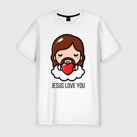 Мужская футболка хлопок Slim с принтом Иисус любит тебя в Петрозаводске, 92% хлопок, 8% лайкра | приталенный силуэт, круглый вырез ворота, длина до линии бедра, короткий рукав | доброта | иисус | любовь | молитва | облако | пасха