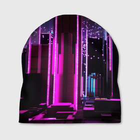 Шапка 3D с принтом PINK CITY в Петрозаводске, 100% полиэстер | универсальный размер, печать по всей поверхности изделия | city | pink | purple | абстракция | город | ночной город