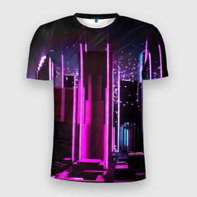 Мужская футболка 3D Slim с принтом PINK CITY в Курске, 100% полиэстер с улучшенными характеристиками | приталенный силуэт, круглая горловина, широкие плечи, сужается к линии бедра | city | pink | purple | абстракция | город | ночной город