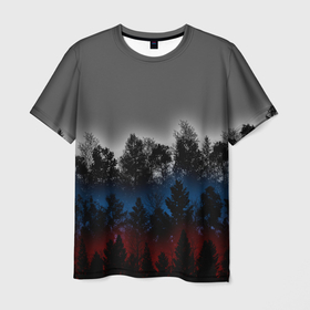 Мужская футболка 3D с принтом Флаг из леса в Новосибирске, 100% полиэфир | прямой крой, круглый вырез горловины, длина до линии бедер | forest | rus | абстракция | закат | лес | рассвет | россия | флаг