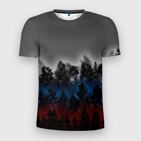 Мужская футболка 3D Slim с принтом Флаг из леса в Петрозаводске, 100% полиэстер с улучшенными характеристиками | приталенный силуэт, круглая горловина, широкие плечи, сужается к линии бедра | forest | rus | абстракция | закат | лес | рассвет | россия | флаг