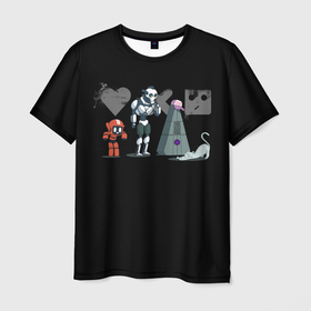 Мужская футболка 3D с принтом Любовь, Смерть & Роботы в Санкт-Петербурге, 100% полиэфир | прямой крой, круглый вырез горловины, длина до линии бедер | Тематика изображения на принте: cat | cats | death | logo | love | netflix | robots | анимация | кино | кот | кошка | лого | любовь | нетфликс | роботы | сериал