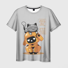 Мужская футболка 3D с принтом Cat and Robot (ЛСР) , 100% полиэфир | прямой крой, круглый вырез горловины, длина до линии бедер | cat | cats | death | ldr | logo | love | netflix | robots | анимация | кино | кот | котёнок | кошка | лого | лср | любовь | нетфликс | роботы | сериал