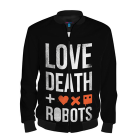 Мужской бомбер 3D с принтом Love Death + Robots в Новосибирске, 100% полиэстер | застегивается на молнию, по бокам два кармана без застежек, по низу бомбера и на воротнике - эластичная резинка | death | ldr | logo | love | netflix | robots | smile | анимация | кино | лого | лср | любовь | нетфликс | роботы | сериал | смайл | смайлик