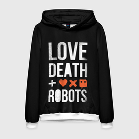 Мужская толстовка 3D с принтом Love Death + Robots в Новосибирске, 100% полиэстер | двухслойный капюшон со шнурком для регулировки, мягкие манжеты на рукавах и по низу толстовки, спереди карман-кенгуру с мягким внутренним слоем. | death | ldr | logo | love | netflix | robots | smile | анимация | кино | лого | лср | любовь | нетфликс | роботы | сериал | смайл | смайлик