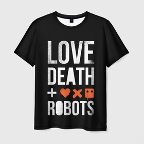 Мужская футболка 3D с принтом Love Death + Robots в Петрозаводске, 100% полиэфир | прямой крой, круглый вырез горловины, длина до линии бедер | death | ldr | logo | love | netflix | robots | smile | анимация | кино | лого | лср | любовь | нетфликс | роботы | сериал | смайл | смайлик