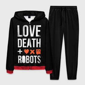 Мужской костюм 3D с принтом Love Death + Robots , 100% полиэстер | Манжеты и пояс оформлены тканевой резинкой, двухслойный капюшон со шнурком для регулировки, карманы спереди | death | ldr | logo | love | netflix | robots | smile | анимация | кино | лого | лср | любовь | нетфликс | роботы | сериал | смайл | смайлик