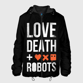 Мужская куртка 3D с принтом Love Death + Robots в Екатеринбурге, ткань верха — 100% полиэстер, подклад — флис | прямой крой, подол и капюшон оформлены резинкой с фиксаторами, два кармана без застежек по бокам, один большой потайной карман на груди. Карман на груди застегивается на липучку | Тематика изображения на принте: death | ldr | logo | love | netflix | robots | smile | анимация | кино | лого | лср | любовь | нетфликс | роботы | сериал | смайл | смайлик