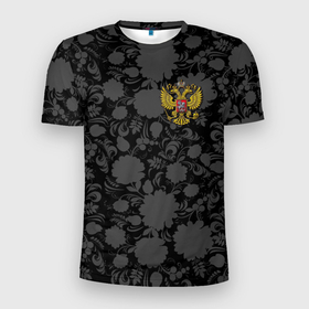 Мужская футболка 3D спортивная с принтом Герб России Хохлома в Новосибирске, 100% полиэстер с улучшенными характеристиками | приталенный силуэт, круглая горловина, широкие плечи, сужается к линии бедра | country | eagle | russia | герб | двуглавый | орел | россия | страна | флаг | хохлома