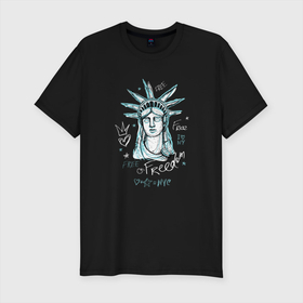 Мужская футболка хлопок Slim с принтом Статуя Свободы в Курске, 92% хлопок, 8% лайкра | приталенный силуэт, круглый вырез ворота, длина до линии бедра, короткий рукав | freedom | ny | usa | граффити | надпись | нью йорк | статуя свободы | сша