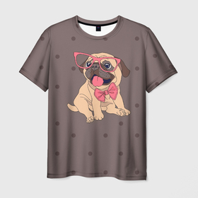 Мужская футболка 3D с принтом Мопс в очках в Санкт-Петербурге, 100% полиэфир | прямой крой, круглый вырез горловины, длина до линии бедер | бульдог | бульдоги | в горошек | животное | золото | мопс | мопсики | пес | порода | собака | собачки