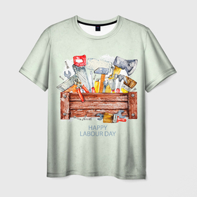Мужская футболка 3D с принтом Happy Labour day в Тюмени, 100% полиэфир | прямой крой, круглый вырез горловины, длина до линии бедер | 1 мая | весна | день труда | инструменты | лозунги | май | мир | первомай | рабочие | труд