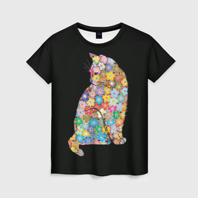 Женская футболка 3D с принтом Кошка в Белгороде, 100% полиэфир ( синтетическое хлопкоподобное полотно) | прямой крой, круглый вырез горловины, длина до линии бедер | киса | кошка | разноцветное | цветы