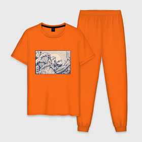 Мужская пижама хлопок с принтом Японская лягушка Укиё э в Санкт-Петербурге, 100% хлопок | брюки и футболка прямого кроя, без карманов, на брюках мягкая резинка на поясе и по низу штанин
 | art | great wave | illustration | japan | japanese wave | kanji | storm | tentacle | toad | ukiyo e | wave | арт | большая волна | иероглифы | изобразительное искусство | иллюстрация | кандзи | картина | рисунок | шторм | щупальца | япония | 