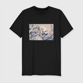 Мужская футболка хлопок Slim с принтом Японская лягушка Укиё э в Тюмени, 92% хлопок, 8% лайкра | приталенный силуэт, круглый вырез ворота, длина до линии бедра, короткий рукав | art | great wave | illustration | japan | japanese wave | kanji | storm | tentacle | toad | ukiyo e | wave | арт | большая волна | иероглифы | изобразительное искусство | иллюстрация | кандзи | картина | рисунок | шторм | щупальца | япония | 
